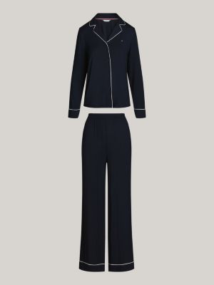 blue microfibre long sleeve pyjama set for women tommy hilfiger