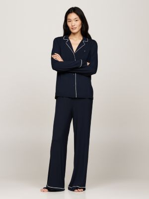 blue microfibre long sleeve pyjama set for women tommy hilfiger