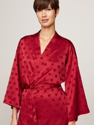 rot satin-bademantel mit jacquard-punkten für damen - tommy hilfiger