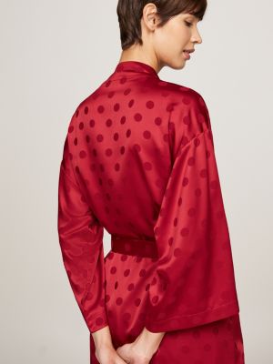 rot satin-bademantel mit jacquard-punkten für damen - tommy hilfiger