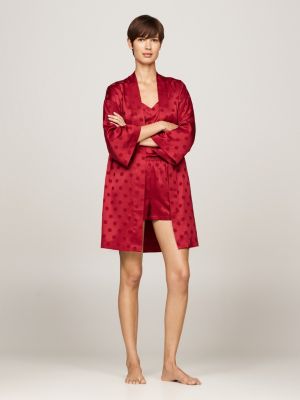 rot satin-bademantel mit jacquard-punkten für damen - tommy hilfiger