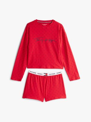 red heritage print t-shirt and shorts pyjama set for women tommy hilfiger