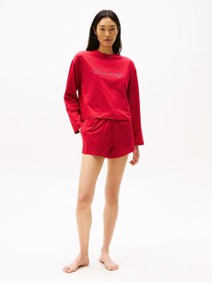 red heritage print t-shirt and shorts pyjama set for women tommy hilfiger