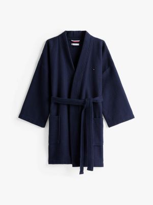 blauw wafelgebreide ochtendjas voor dames - tommy hilfiger