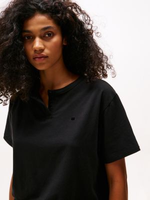 schwarz relaxed fit pyjama-t-shirt mit henley-kragen für damen - tommy hilfiger