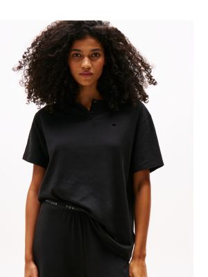 black relaxed fit pyjama-t-shirt mit henley-kragen für damen - tommy hilfiger