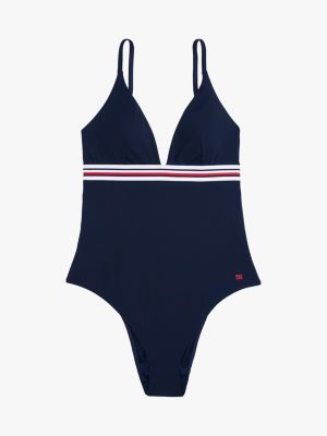 schwarz global stripe badeanzug mit tiefem dekolleté für damen - tommy hilfiger