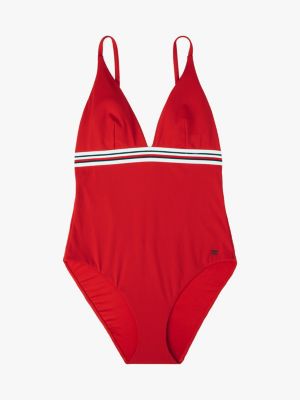 rot global stripe badeanzug mit tiefem dekolleté für damen - tommy hilfiger