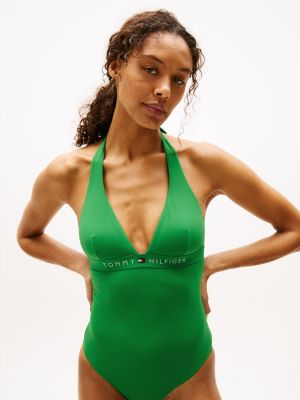 green original deep plunge halterneck swimsuit for women tommy hilfiger