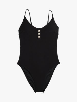 maillot de bain texturé à boutons estampés noir pour femmes tommy hilfiger