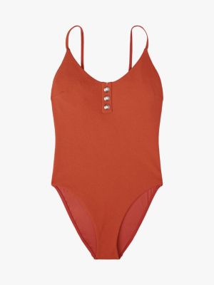 brown embossed button textured swimsuit for women tommy hilfiger