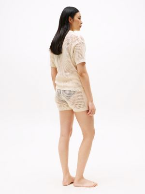 beige crochet short sleeve shirt for women tommy hilfiger