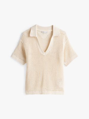 beige gehaakt overhemd met korte mouwen voor dames - tommy hilfiger
