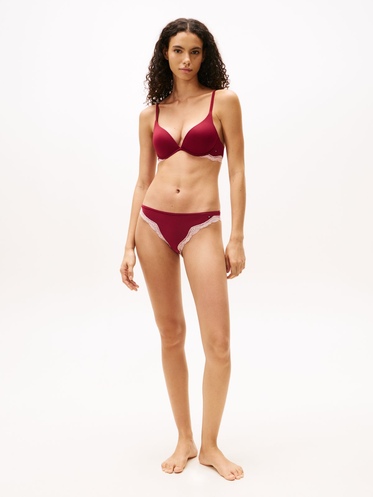 Lace Trim Push-Up Plunge Bra — Red