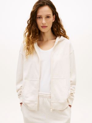 beige essential logo zip-thru lounge hoody for women tommy hilfiger