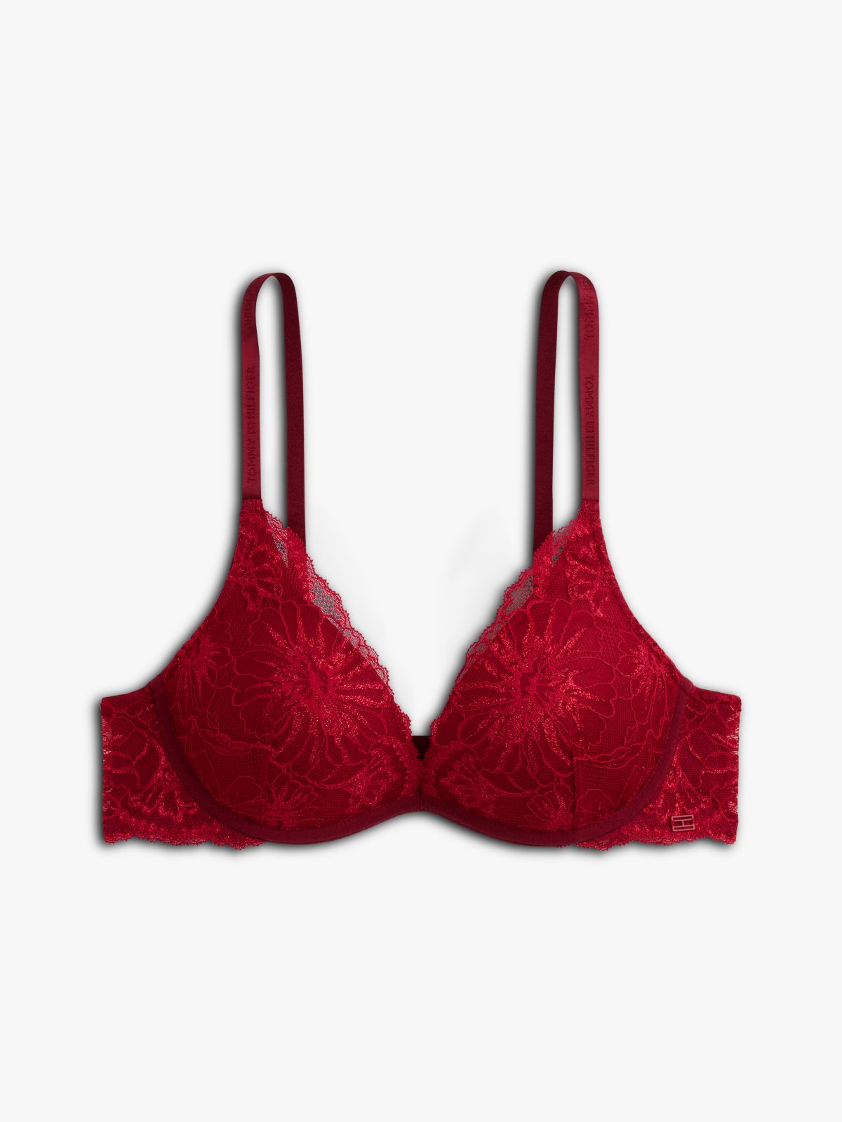 Metallic Lace Push-Up Plunge Bra — Red