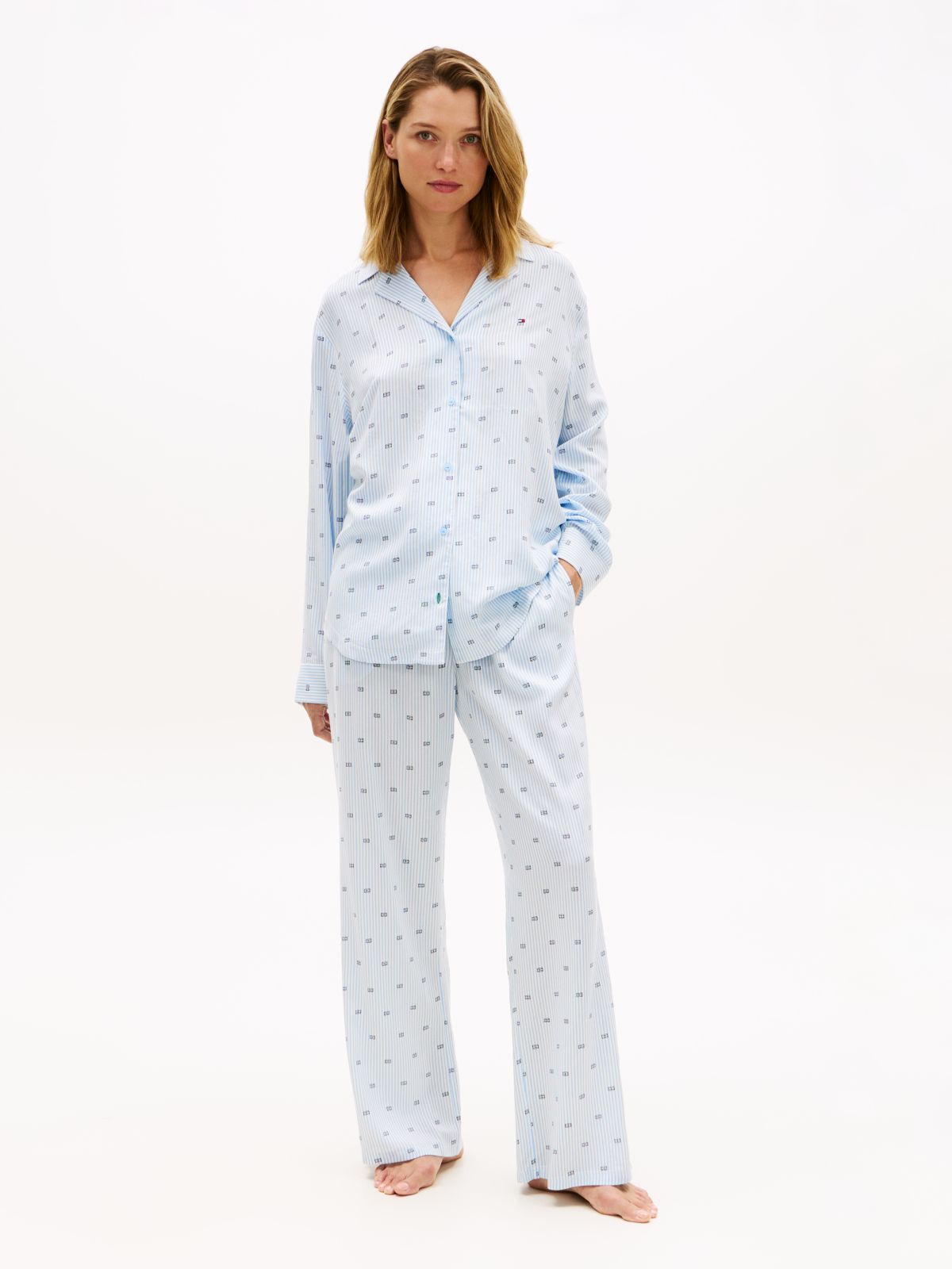 Essential Print Embroidery Relaxed Pyjama Shirt — Blue