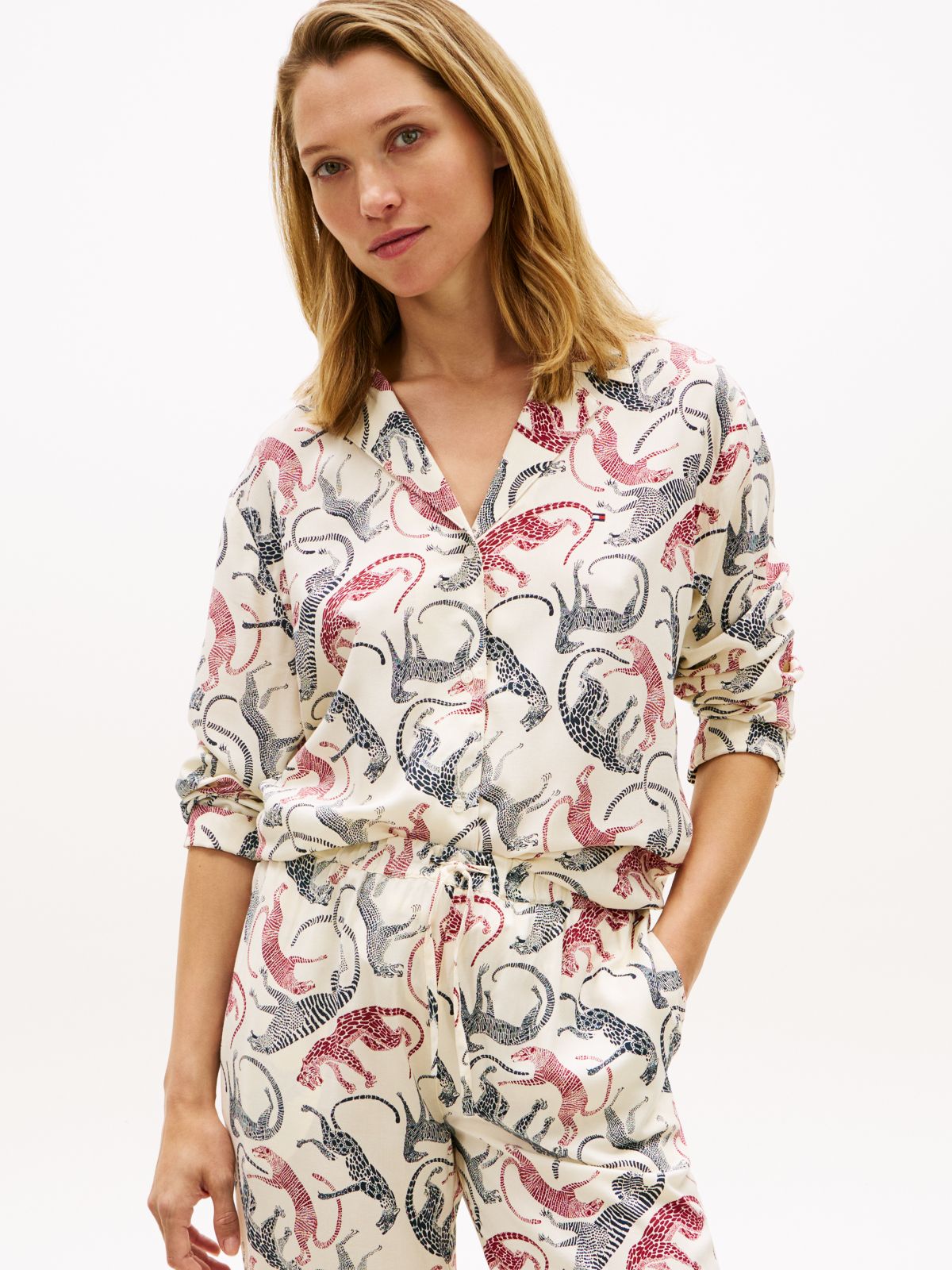 Essential Print Embroidery Relaxed Pyjama Shirt — Beige