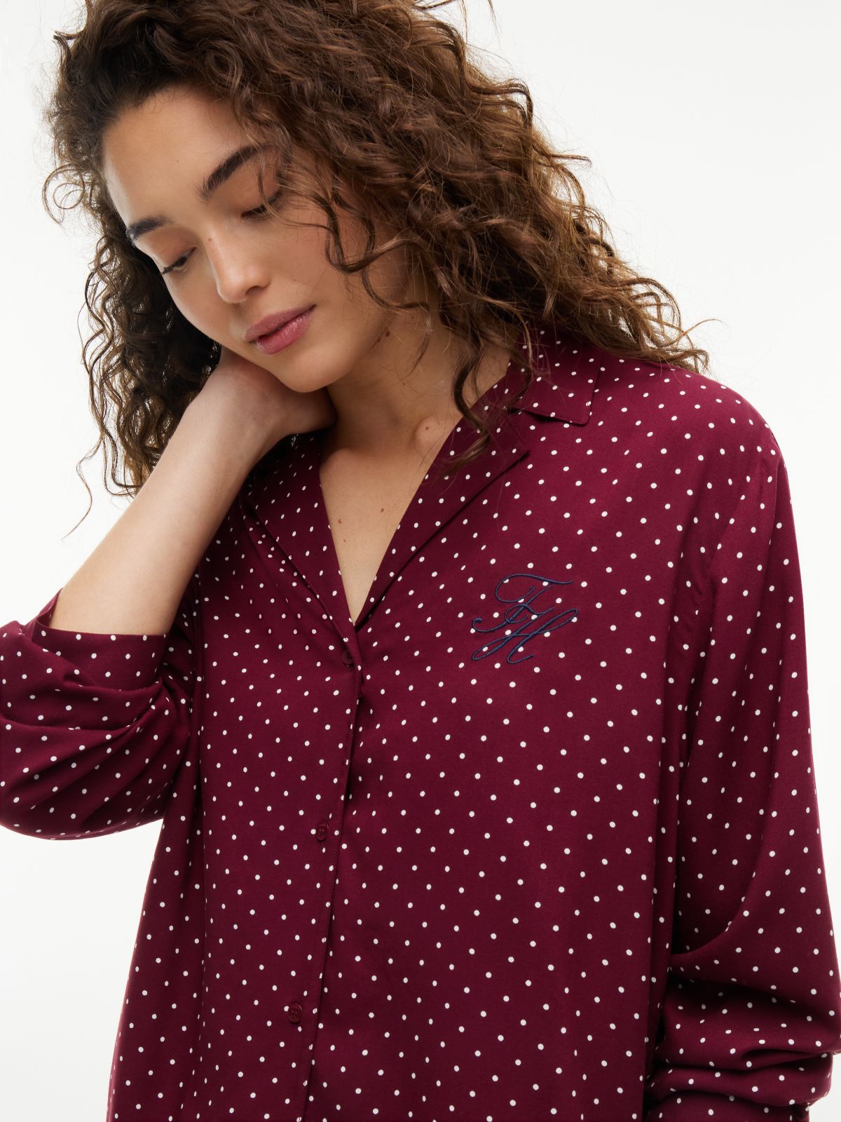 Essential Print Embroidery Relaxed Pyjama Shirt — Red