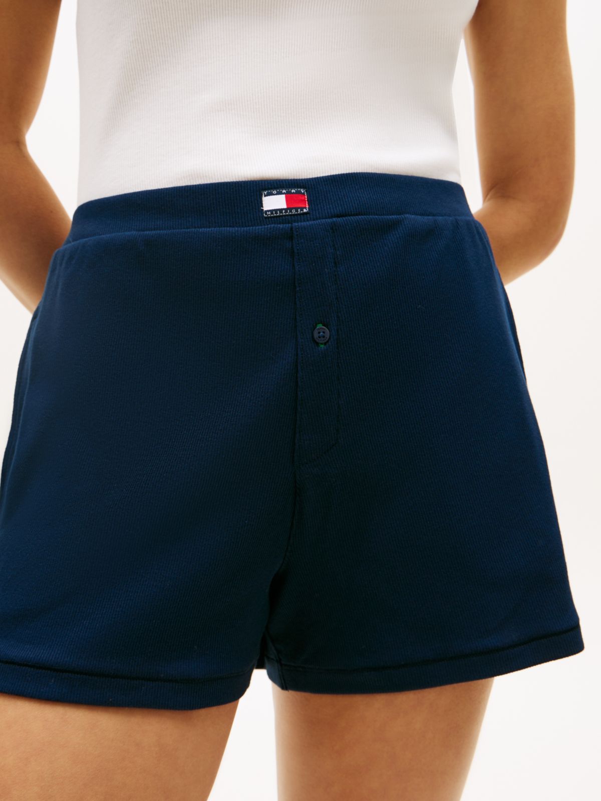 Heritage Logo Patch Ribbed Lounge Shorts — Blue