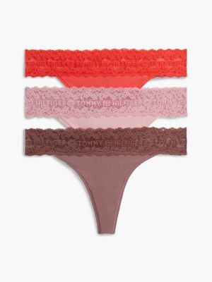 white set van 3 tanga-strings met kanten logoband voor dames - tommy hilfiger
