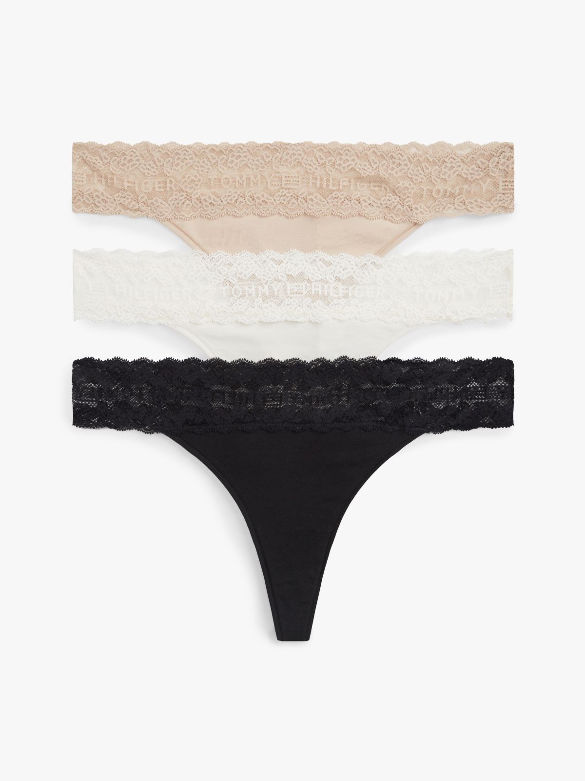 3-Pack Logo Lace Trim Tanga Thongs — Beige