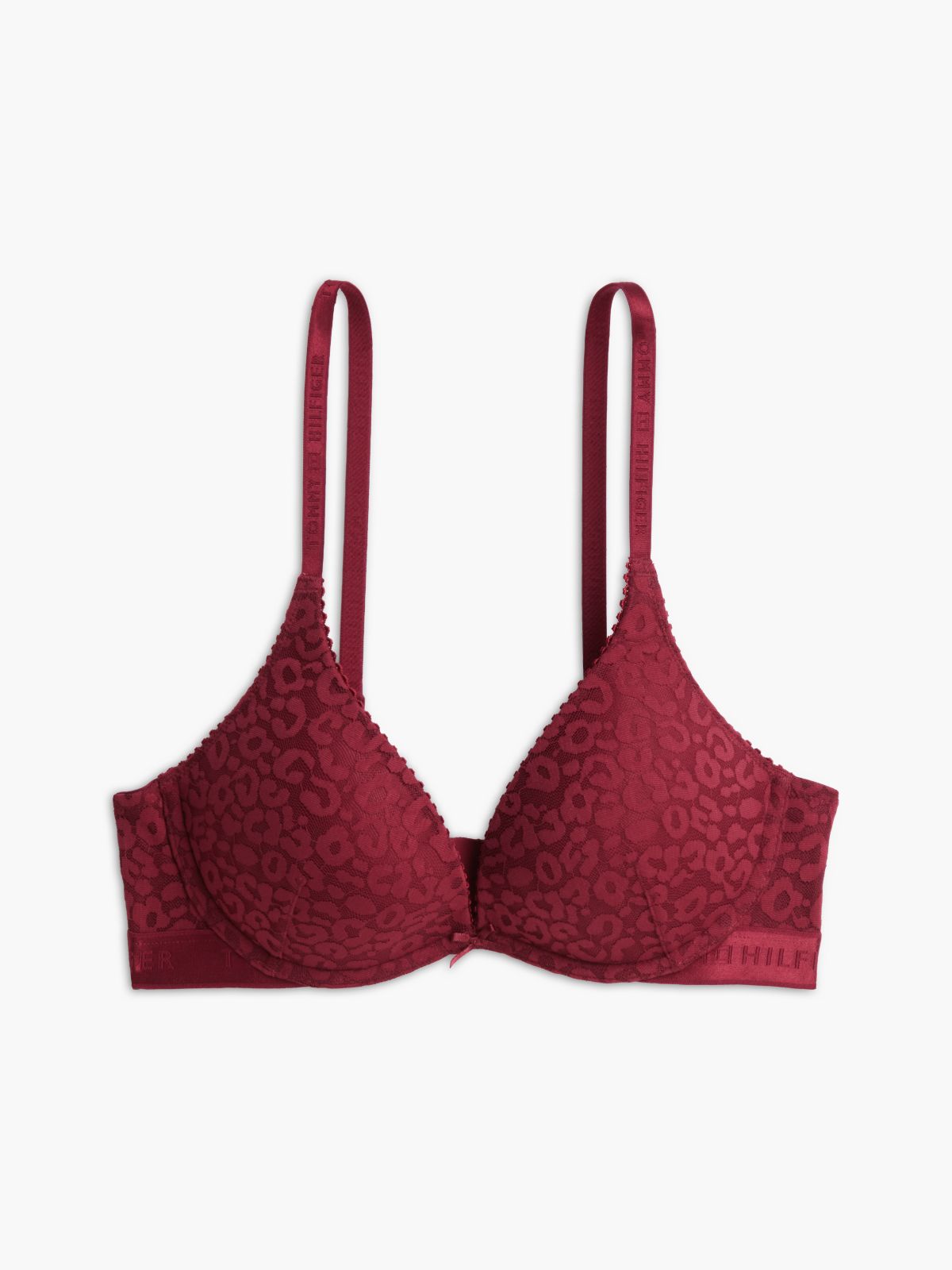 Leopard Lace Plunge Push-Up Bra — Red