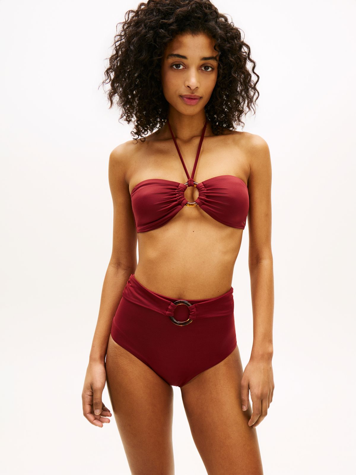 Halterneck Ring Bandeau Bikini Top — Red