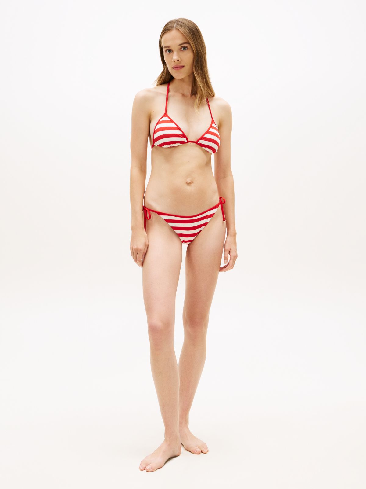 Stripe Ribbed Halterneck Triangle Bikini Top — Red