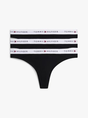 black essential 3-pack repeat logo waistband thongs for women tommy hilfiger