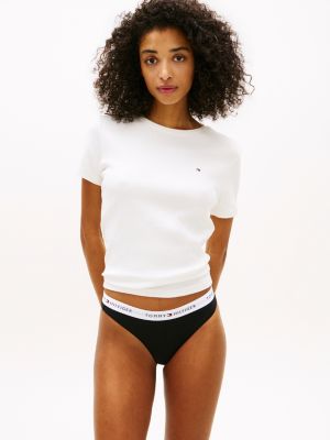 black essential 3-pack repeat logo waistband thongs for women tommy hilfiger