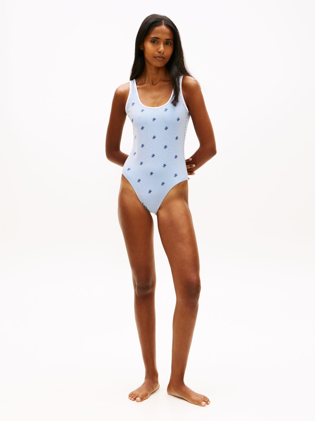 Logo Embroidery Seersucker Scoop Back Swimsuit — White