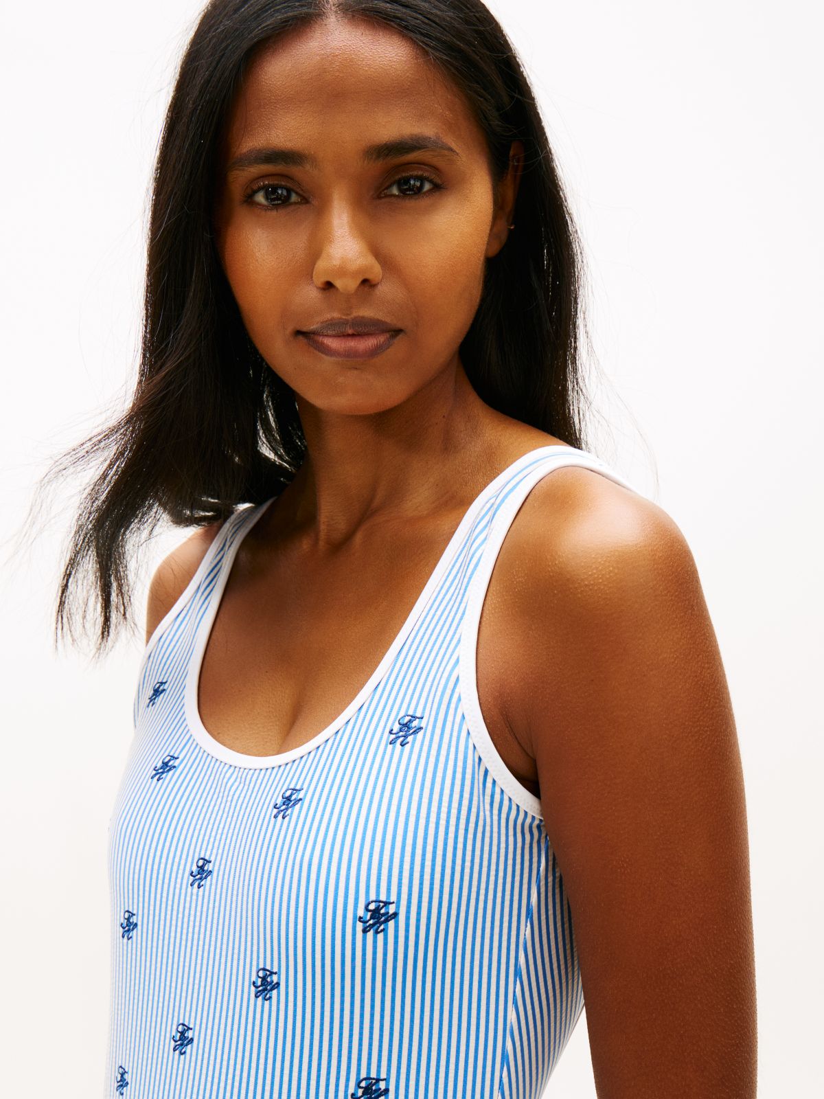 Logo Embroidery Seersucker Scoop Back Swimsuit — White