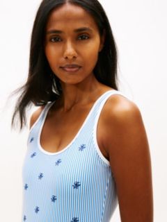Logo Embroidery Seersucker Scoop Back Swimsuit — White 3