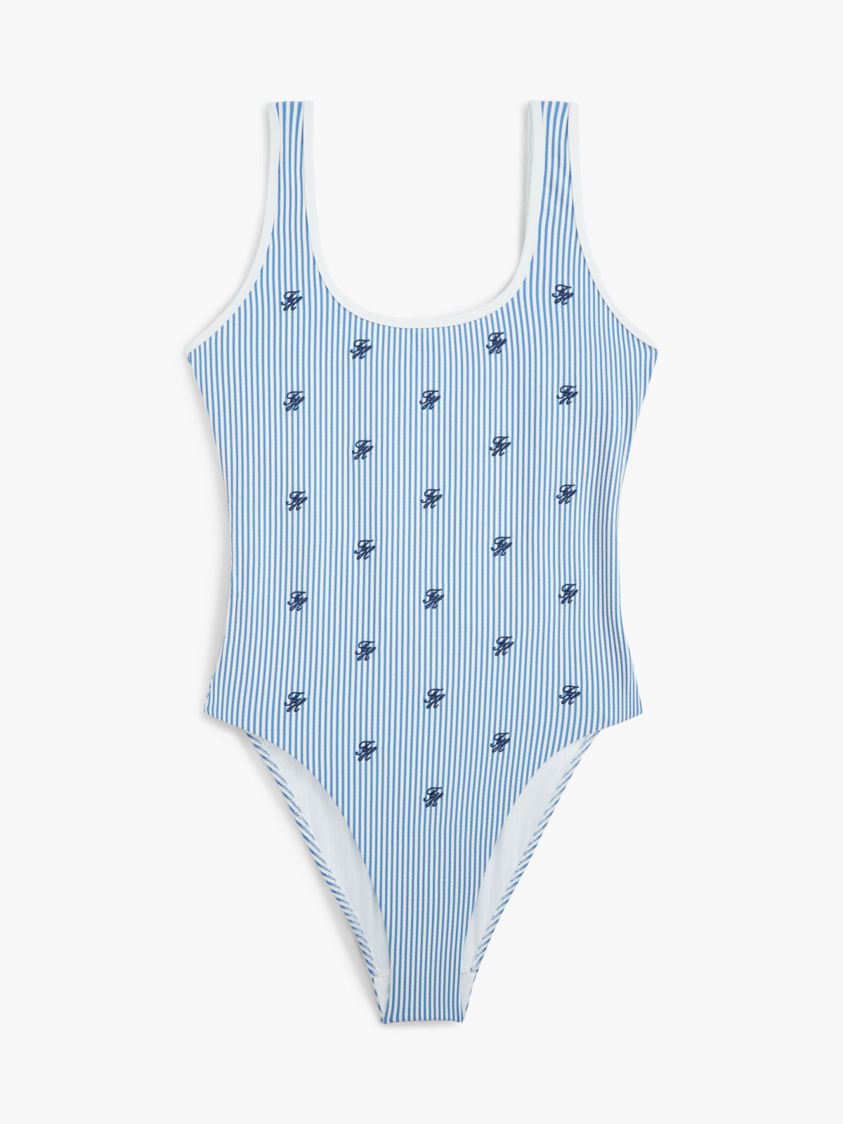Logo Embroidery Seersucker Scoop Back Swimsuit — White