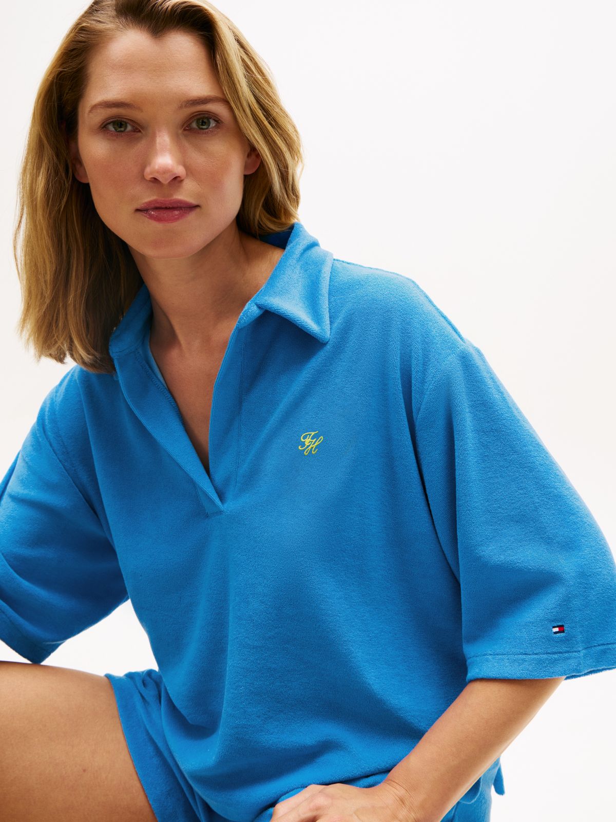 Towelling Cover-Up Short Sleeve Shirt — Blue