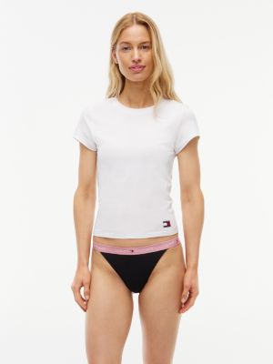 weiß 3er-pack essential tanga-strings mit logo-kontrastbund für damen - tommy hilfiger