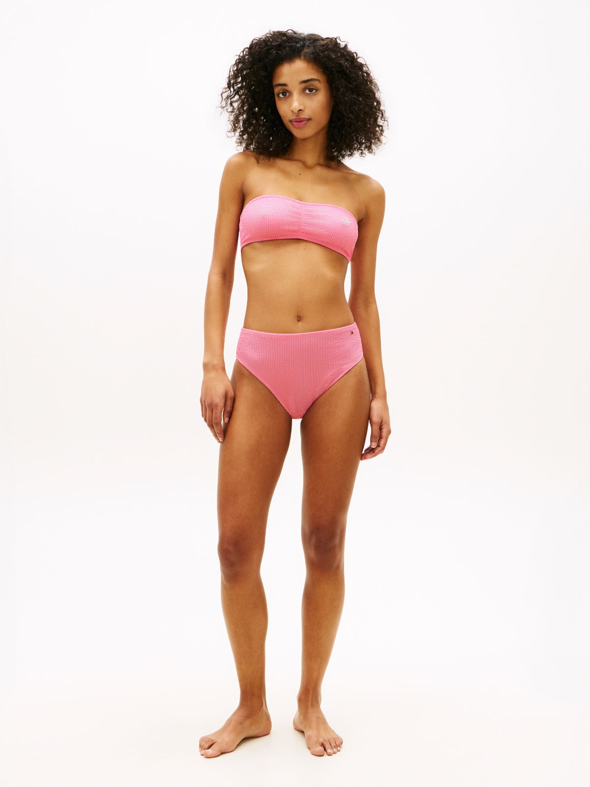 Crinkle Logo Embroidery Bandeau Bikini Top — Pink