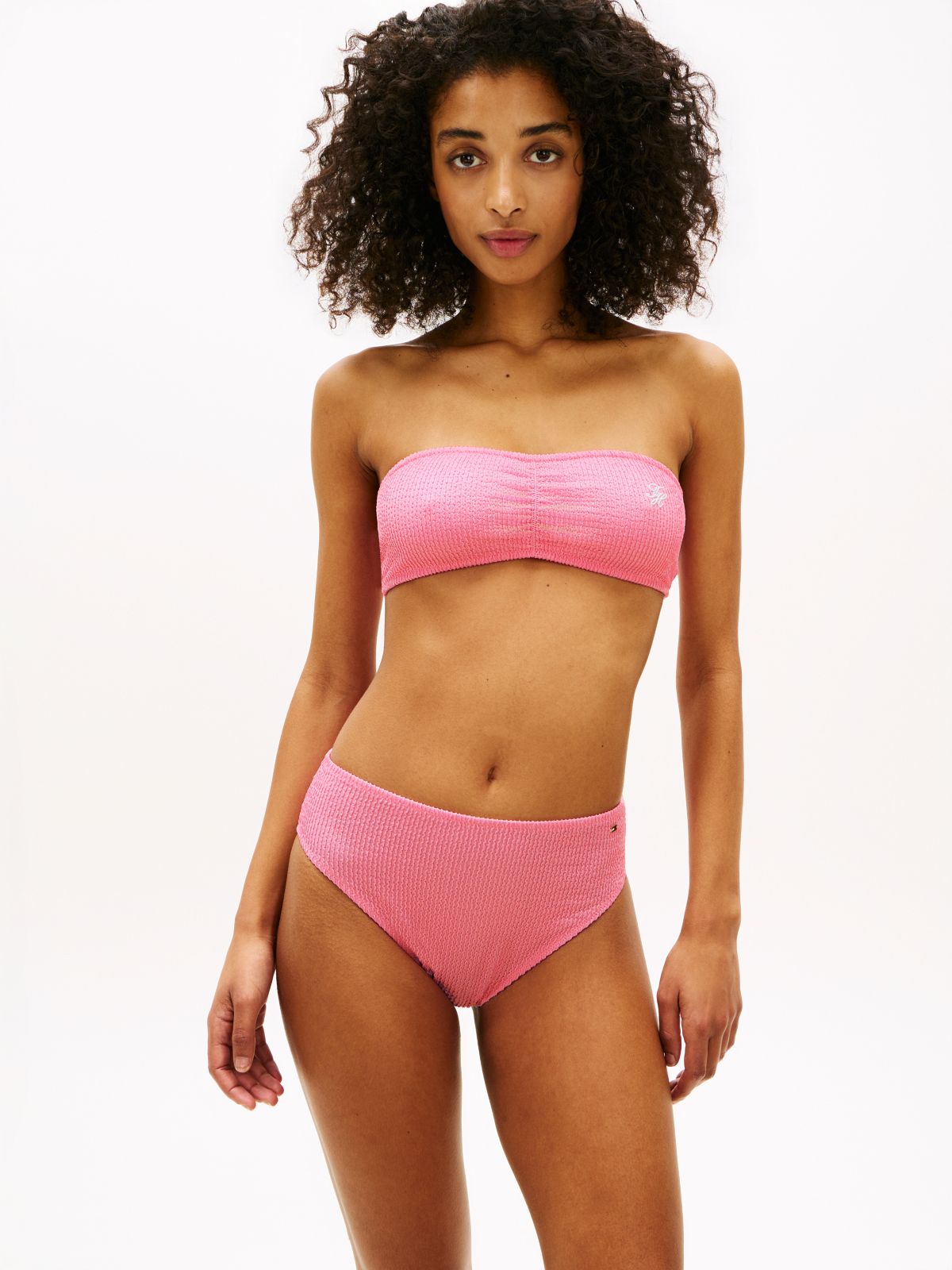 Crinkle Logo Embroidery Bandeau Bikini Top — Pink