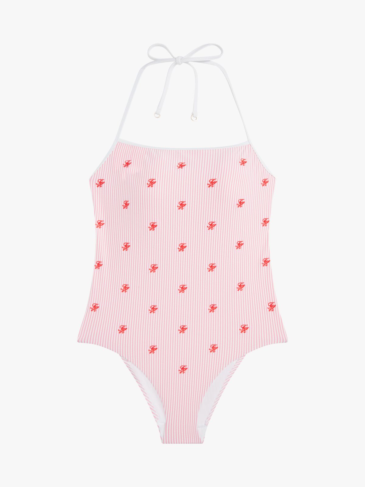 Seersucker Logo Embroidery Halterneck Swimsuit — White