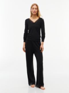 Lace Trim Long Sleeve Lounge Top — Black 2