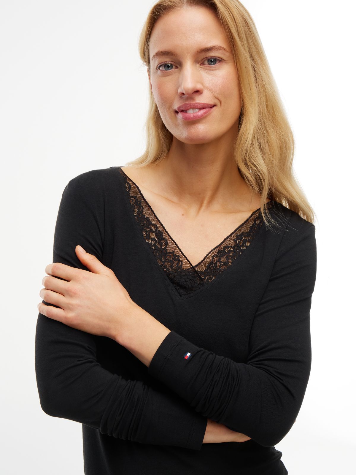 Lace Trim Long Sleeve Lounge Top — Black
