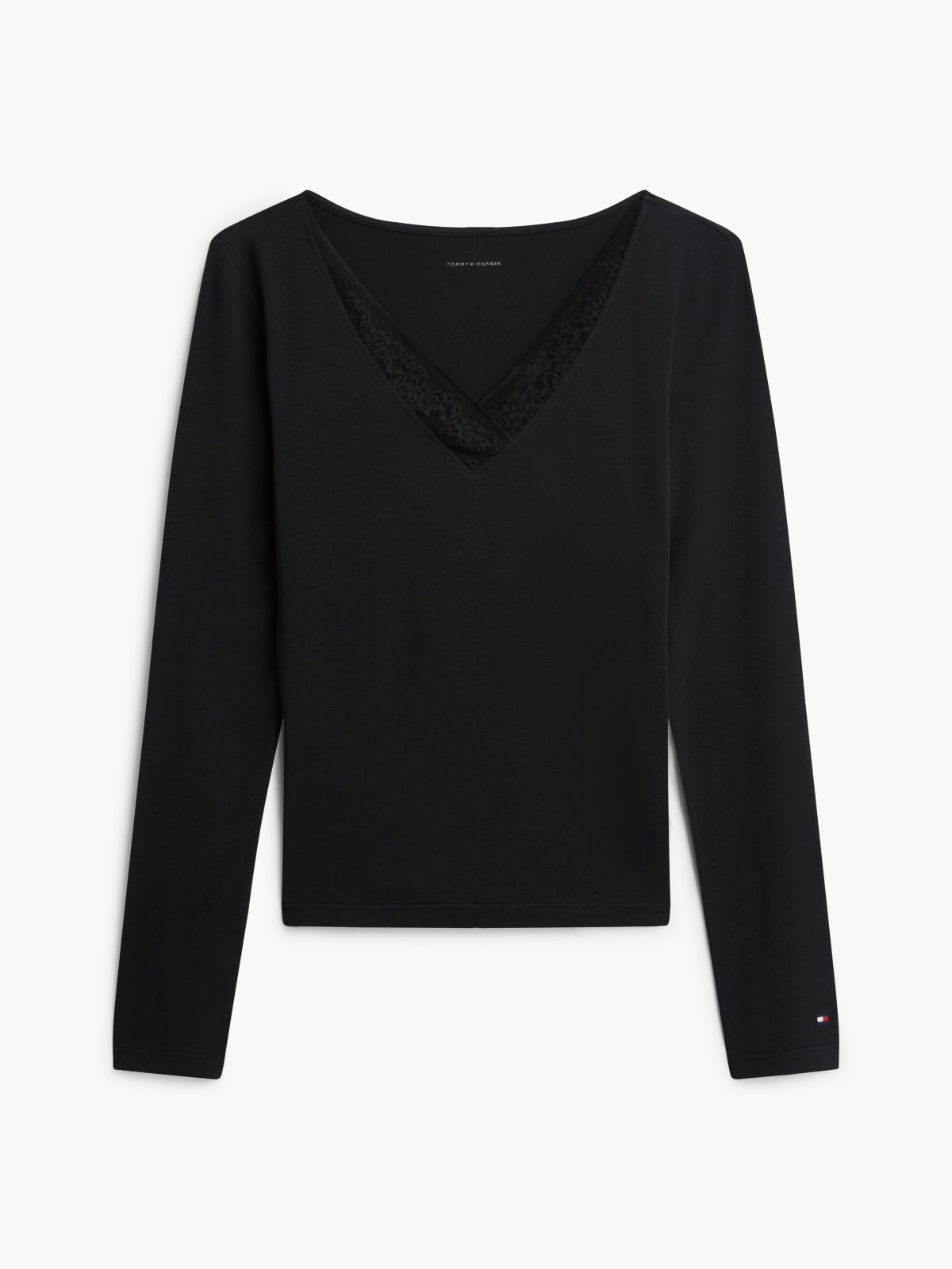 Lace Trim Long Sleeve Lounge Top — Black