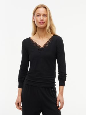 black lace trim long sleeve lounge top for women tommy hilfiger