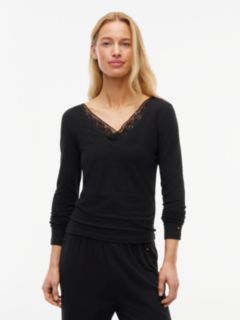 Lace Trim Long Sleeve Lounge Top — Black 1
