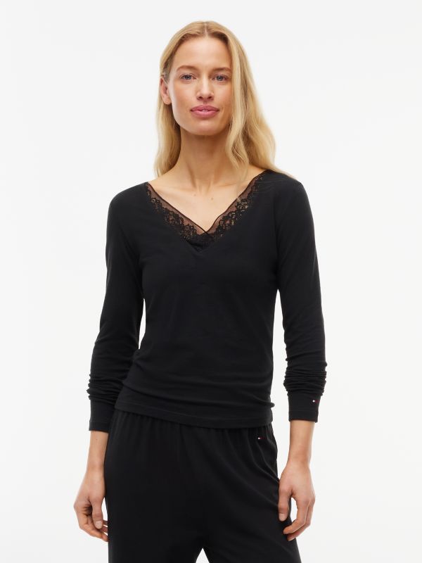 Lace Trim Long Sleeve Lounge Top — Black