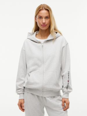 grey essential terry relaxed zip-thru lounge hoody for women tommy hilfiger