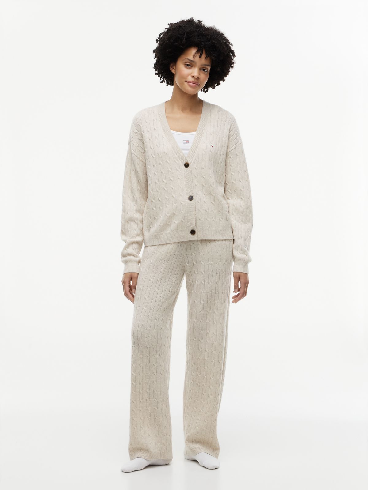 Wool Blend Cable Knit Relaxed Lounge Cardigan — Beige