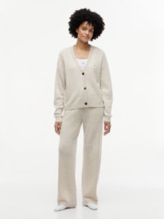 Wool Blend Cable Knit Relaxed Lounge Cardigan — Beige 2