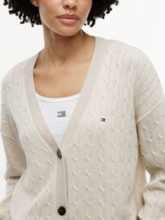 Wool Blend Cable Knit Relaxed Lounge Cardigan — Beige 3